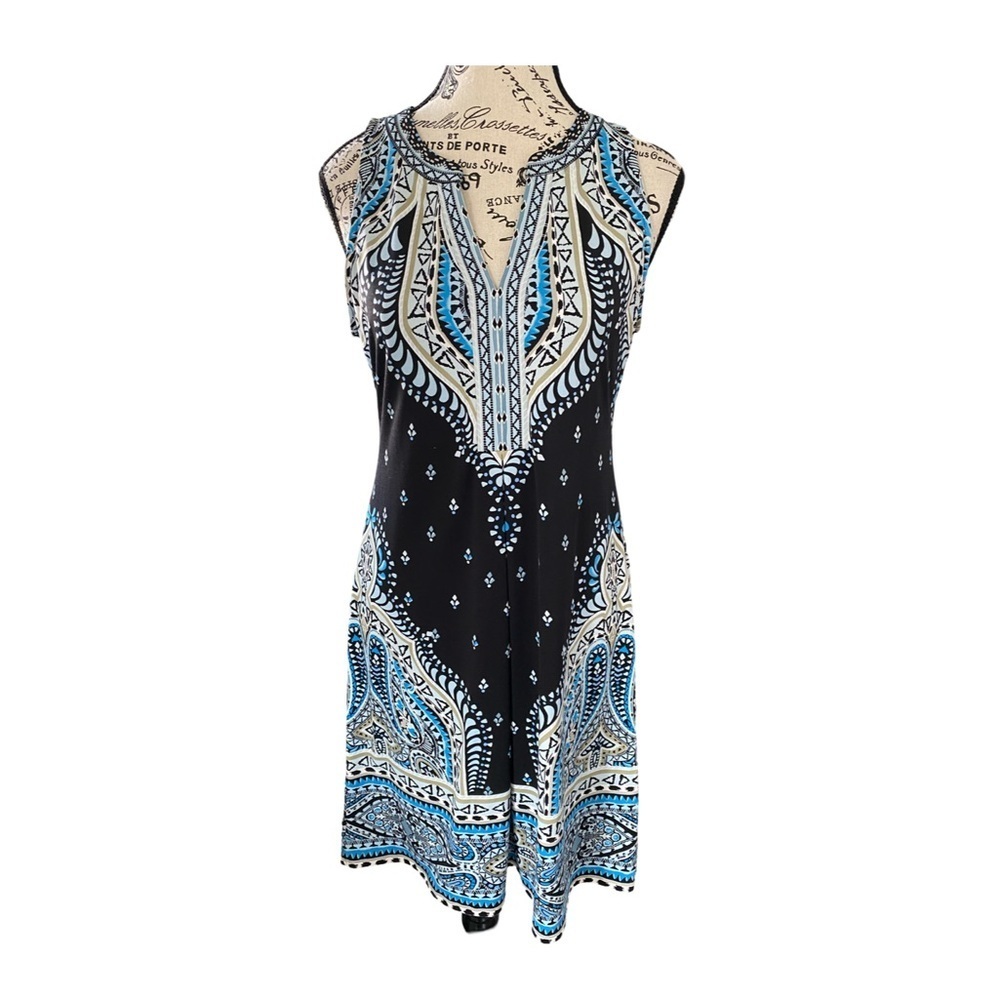 Hale Bob Black and Blue Paisley Geo Boho Hippie Patterned Dress Size S